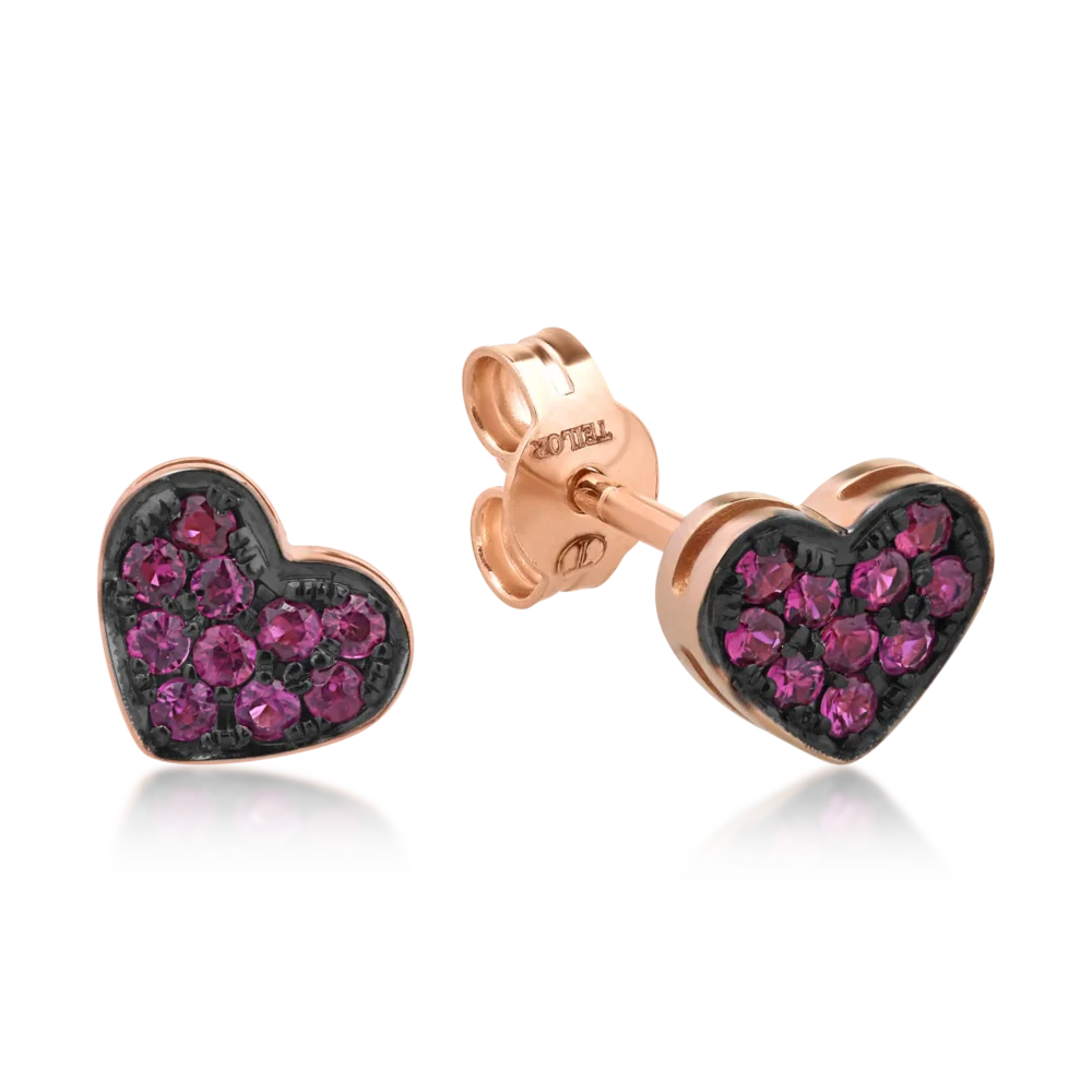 Cercei inima din aur roz cu rubine de 0.24ct