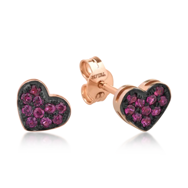 Cercei inima din aur roz cu rubine de 0.24ct