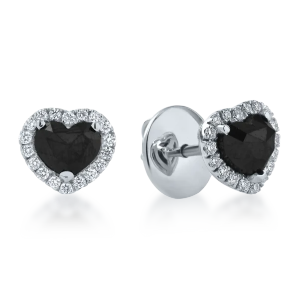 Cercei inimioare din aur alb cu diamante negre rose de 1.26ct si diamante incolore de 0.22ct