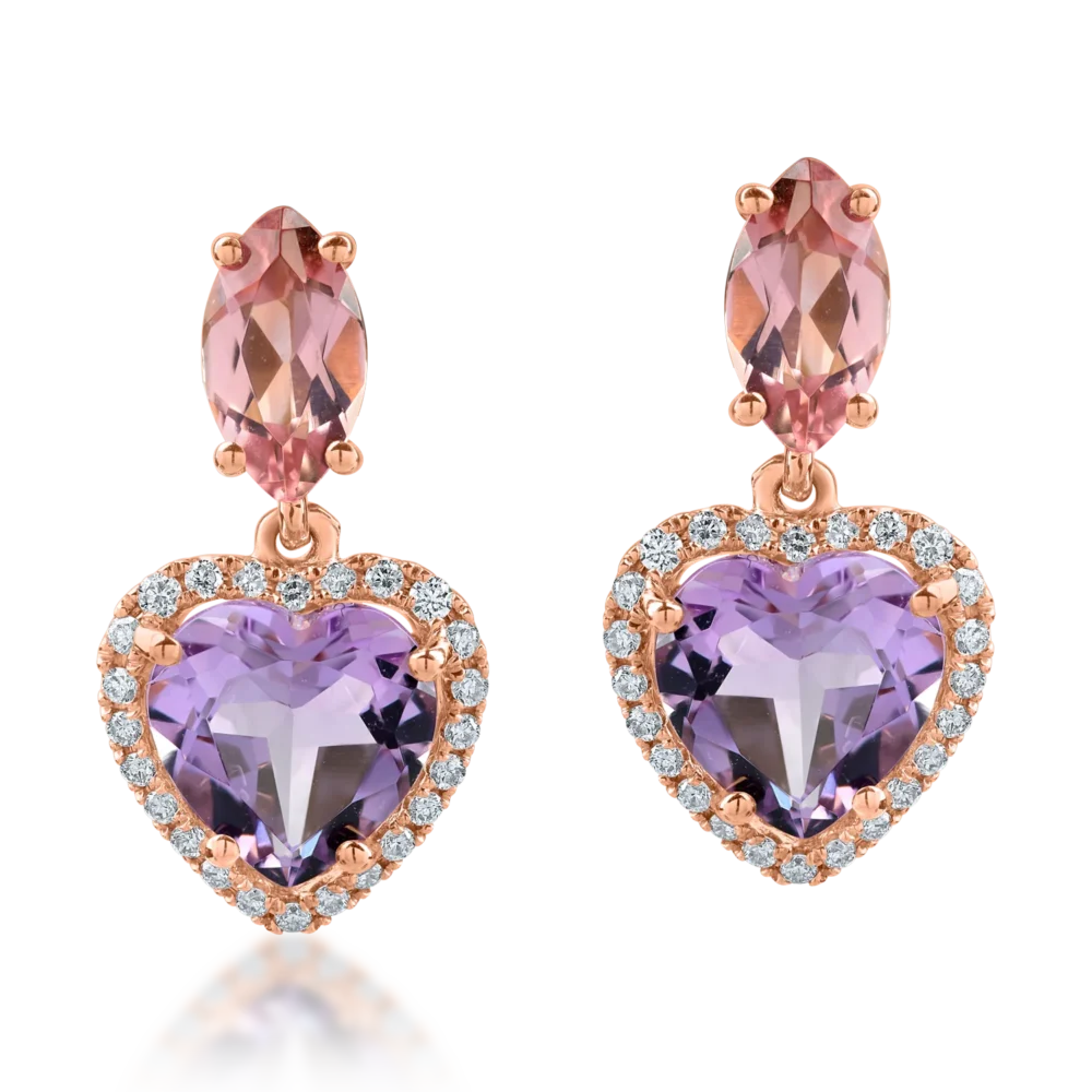 Cercei inimioare din aur roz cu pietre pretioase si semipretioase de 3.4ct - imagine 2