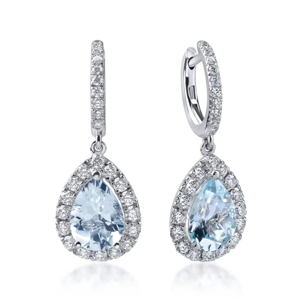 Cercei lacrima din aur alb cu acvamarine pear de 3.3ct si diamante de 1ct