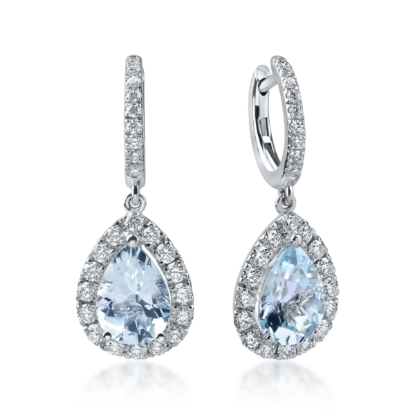 Cercei lacrima din aur alb cu acvamarine pear de 3.3ct si diamante de 1ct