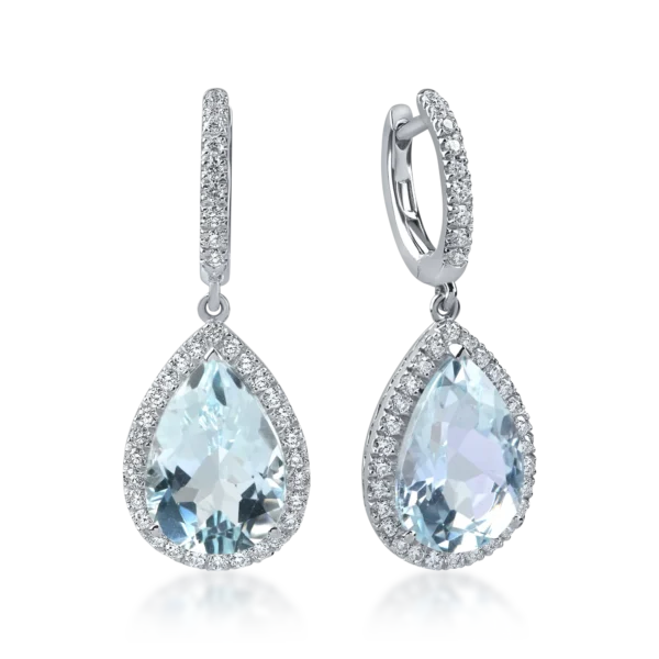 Cercei lacrima din aur alb cu acvamarine octogonale de 6.7ct si diamante de 0.6ct