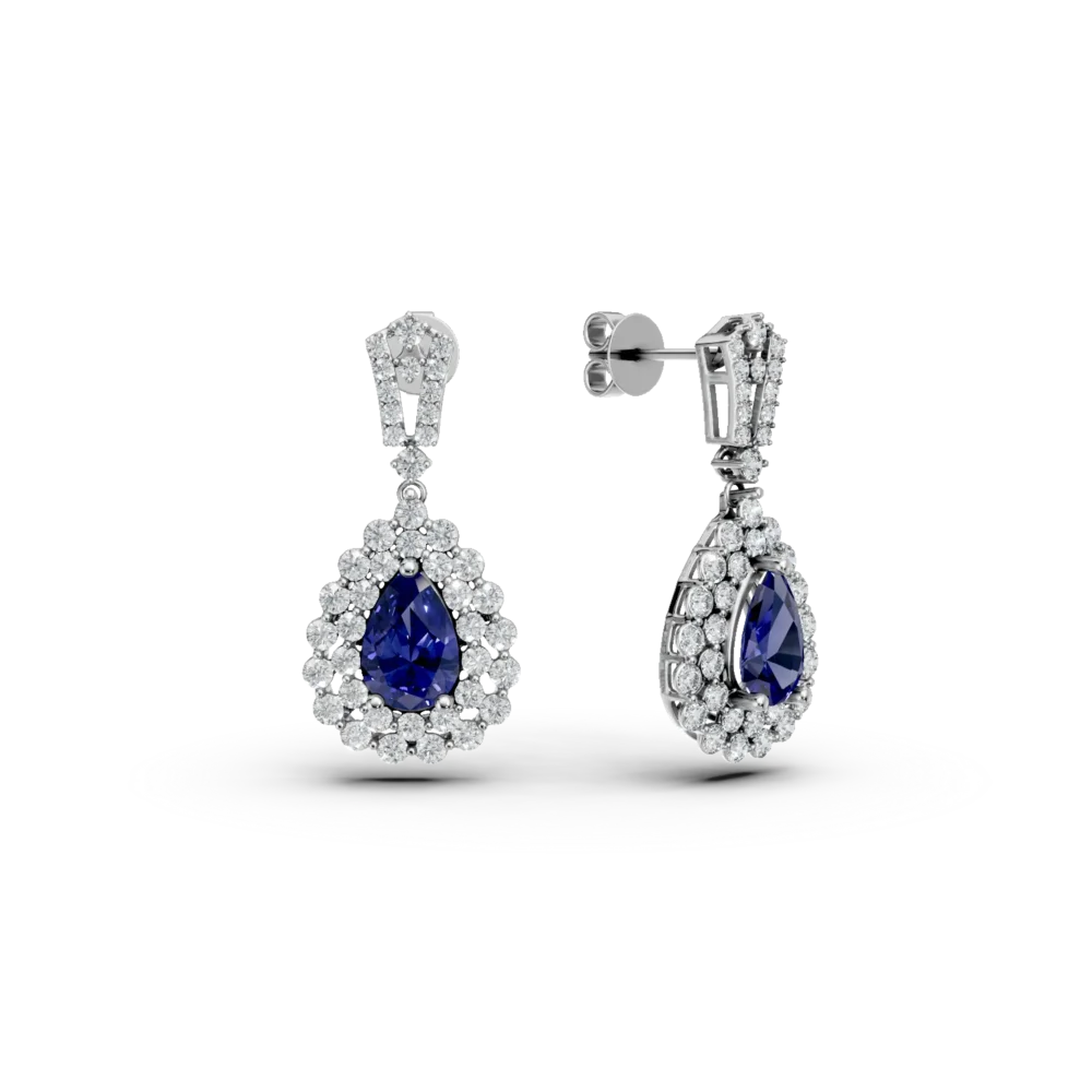 Cercei lacrima din aur alb cu safire ovale de 2.04ct si diamante round de 1.3ct