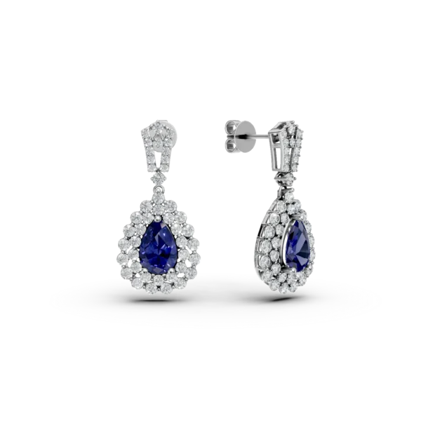 Cercei lacrima din aur alb cu safire ovale de 2.04ct si diamante round de 1.3ct