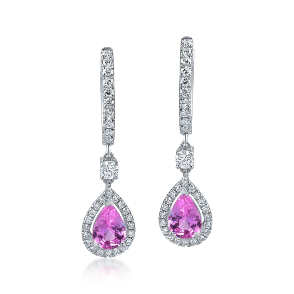 Cercei lacrima din aur alb cu safire roz pear de 1.3ct si diamante de 0.5ct - imagine 2