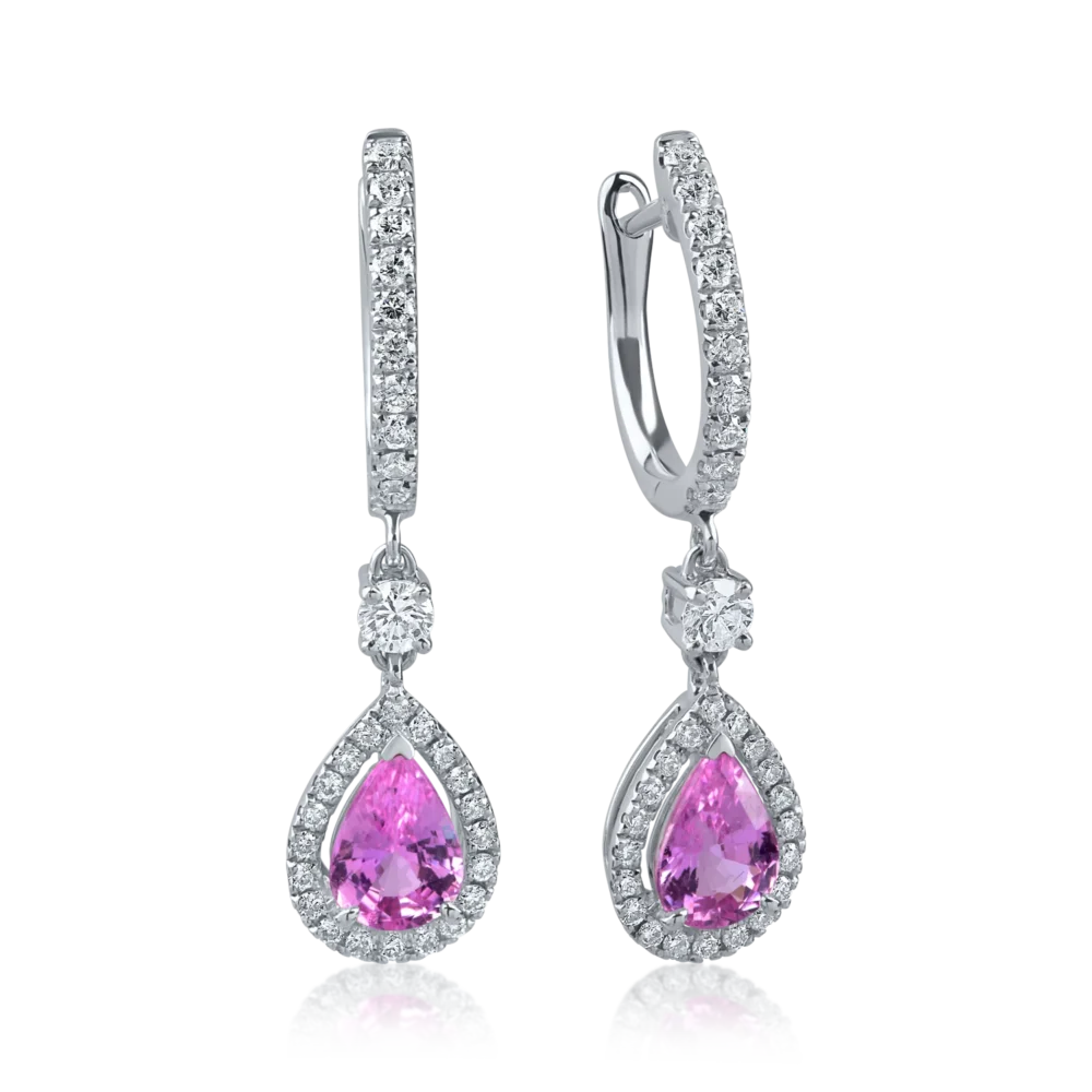 Cercei lacrima din aur alb cu safire roz pear de 1.3ct si diamante de 0.5ct