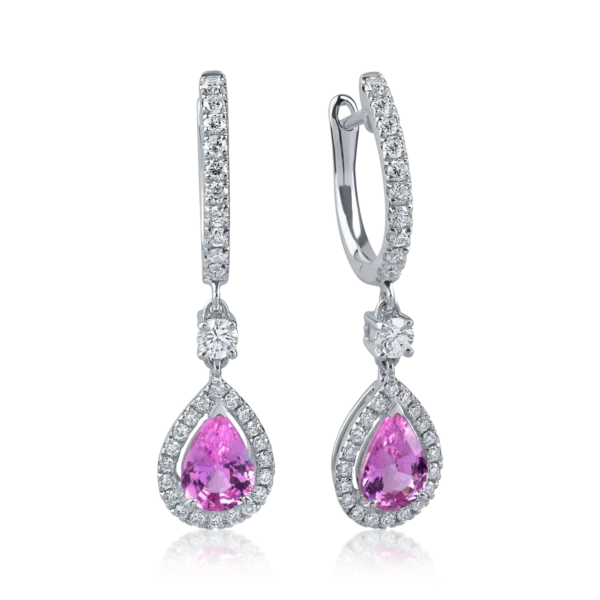 Cercei lacrima din aur alb cu safire roz pear de 1.3ct si diamante de 0.5ct