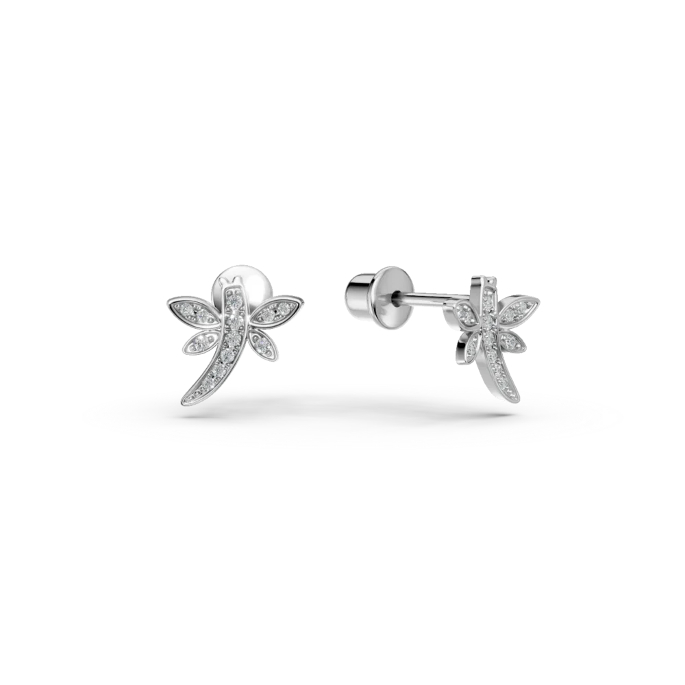 Cercei libelule din aur alb cu diamante de 0.05ct pentru copii