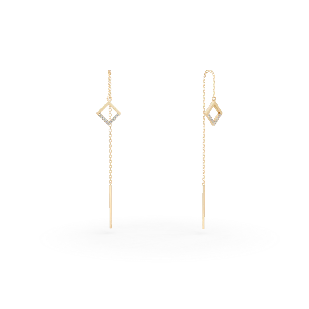 Cercei lungi cu detalii geometrice din aur galben cu diamante de 0.05ct