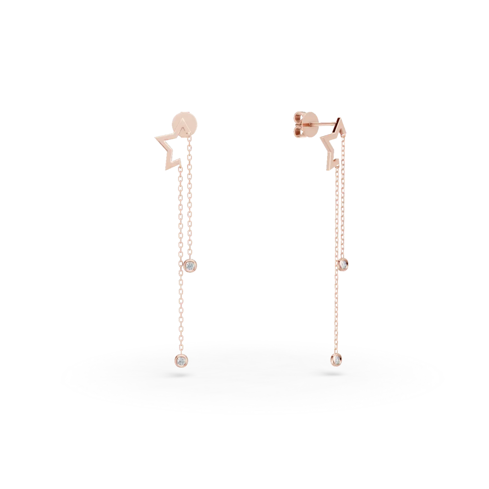 Cercei lungi cu stelute din aur roz cu diamante de 0.07ct