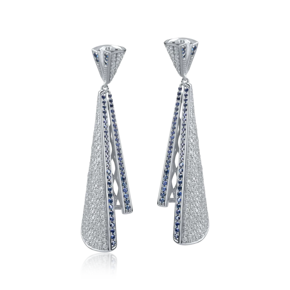 Cercei lungi din aur alb cu diamante de 1.7ct si safire de 0.7ct - imagine 2