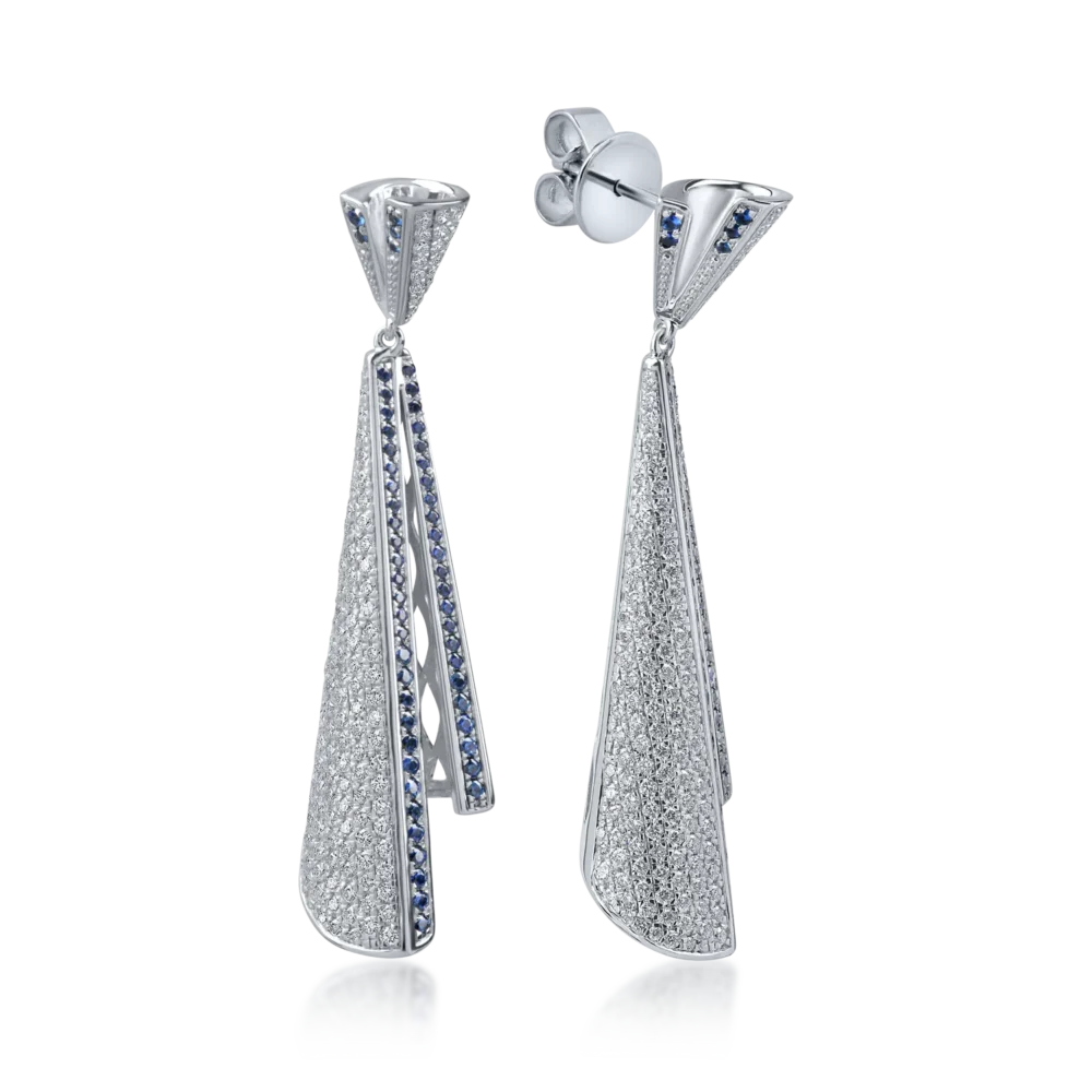 Cercei lungi din aur alb cu diamante de 1.7ct si safire de 0.7ct