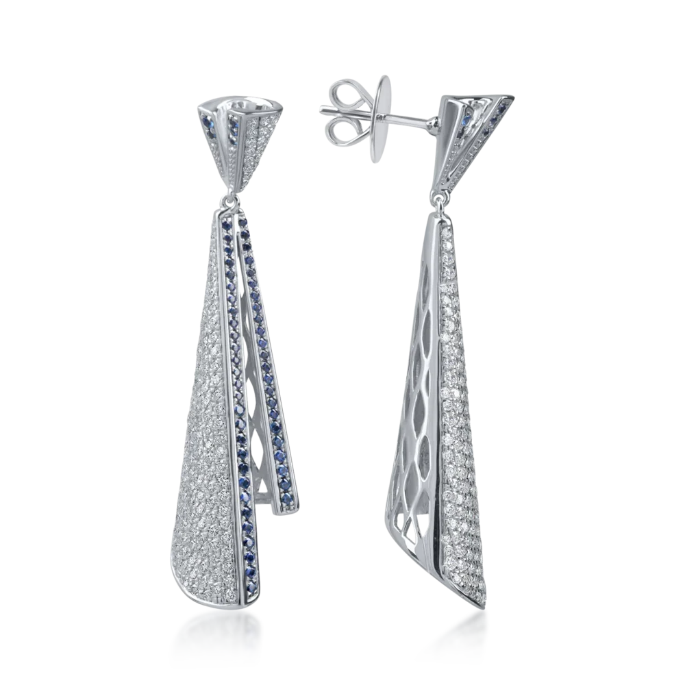 Cercei lungi din aur alb cu diamante de 1.7ct si safire de 0.7ct - imagine 3