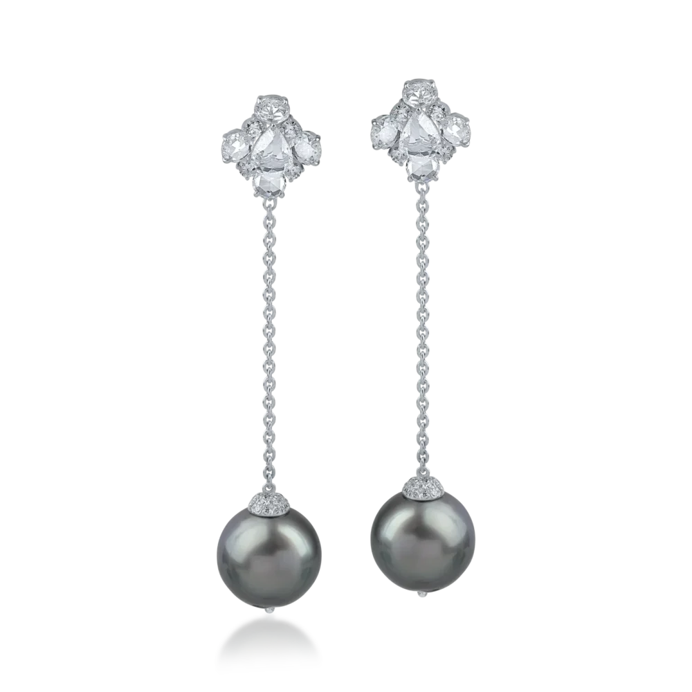 Cercei lungi din aur alb cu perle de cultura de 19.2ct si diamante de 1.8ct - imagine 2