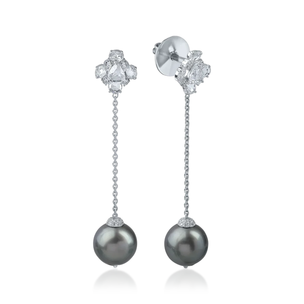 Cercei lungi din aur alb cu perle de cultura de 19.2ct si diamante de 1.8ct