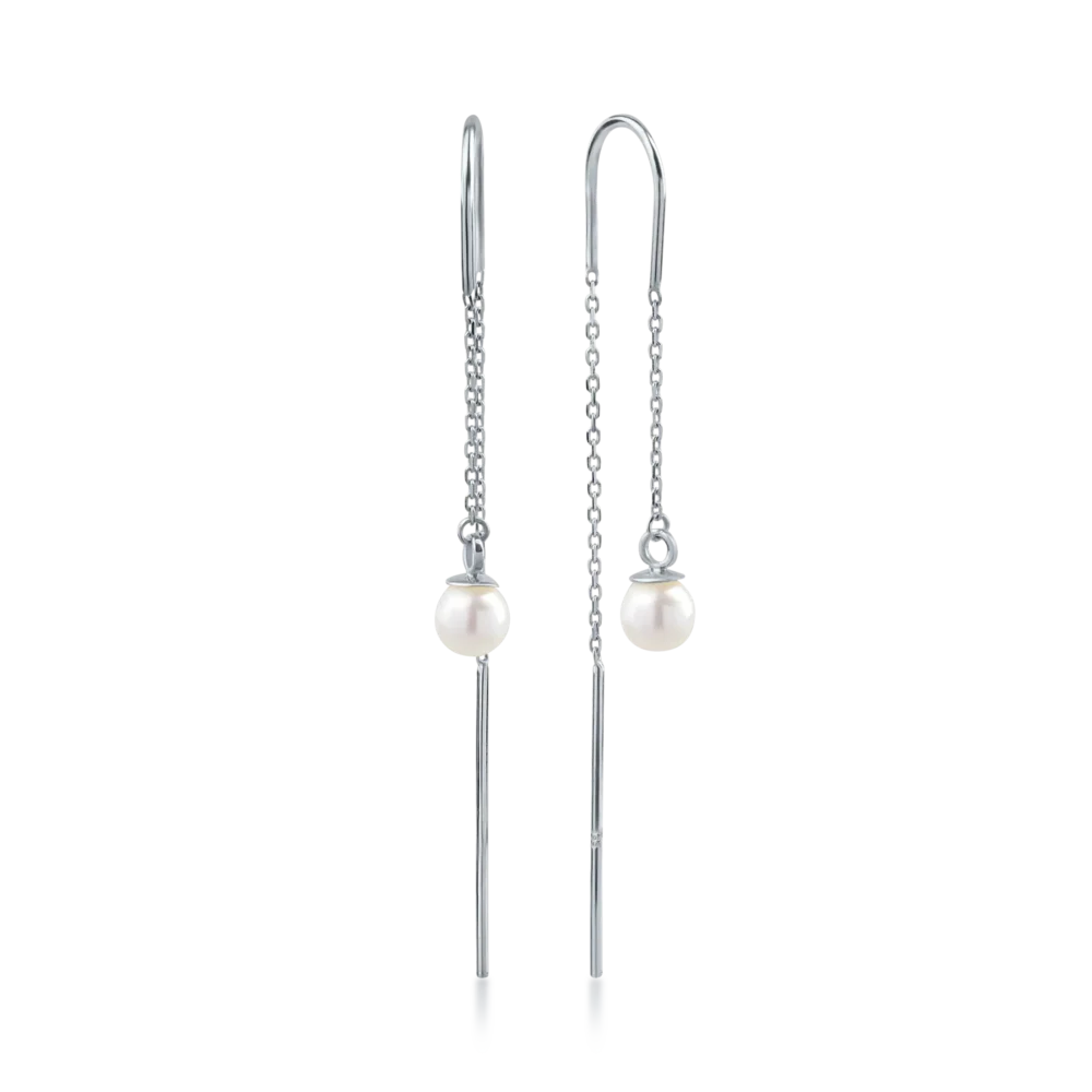 Cercei lungi din aur alb cu perle sintetice