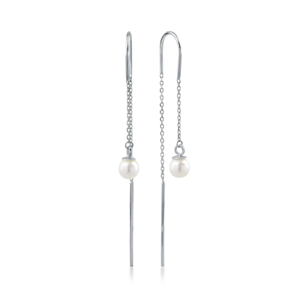 Cercei lungi din aur alb cu perle sintetice