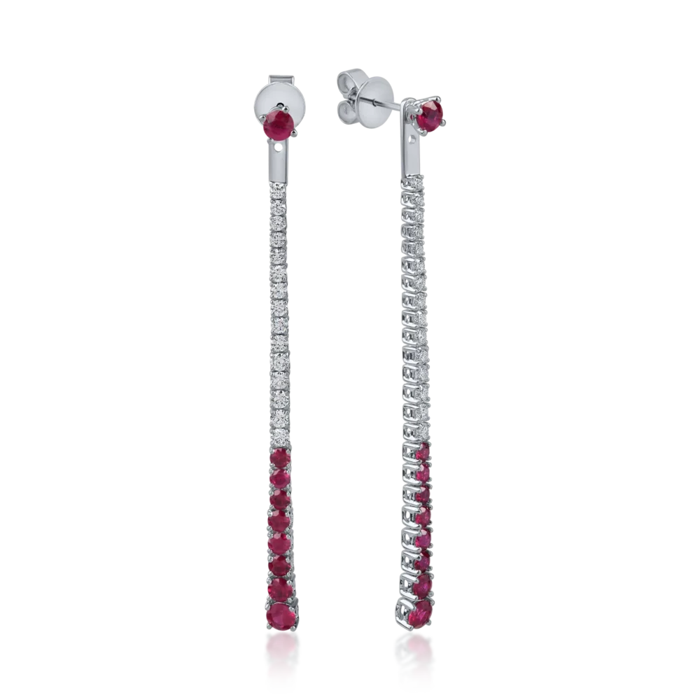 Cercei lungi din aur alb cu rubine de 1.4ct si diamante de 0.7ct