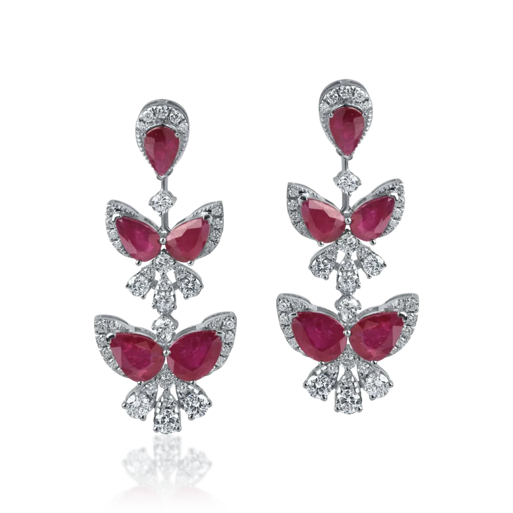 Cercei lungi din aur alb cu rubine pear de 6.1ct si diamante round de 1.5ct - imagine 2