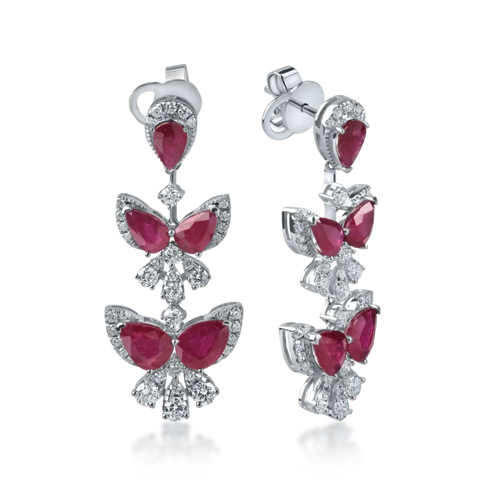 Cercei lungi din aur alb cu rubine pear de 6.1ct si diamante round de 1.5ct