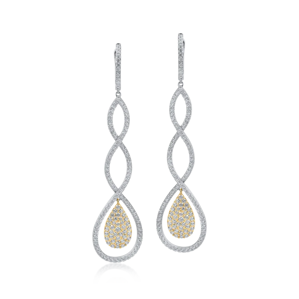 Cercei lungi din aur alb-galben cu diamante baguette de 1.5ct - imagine 2