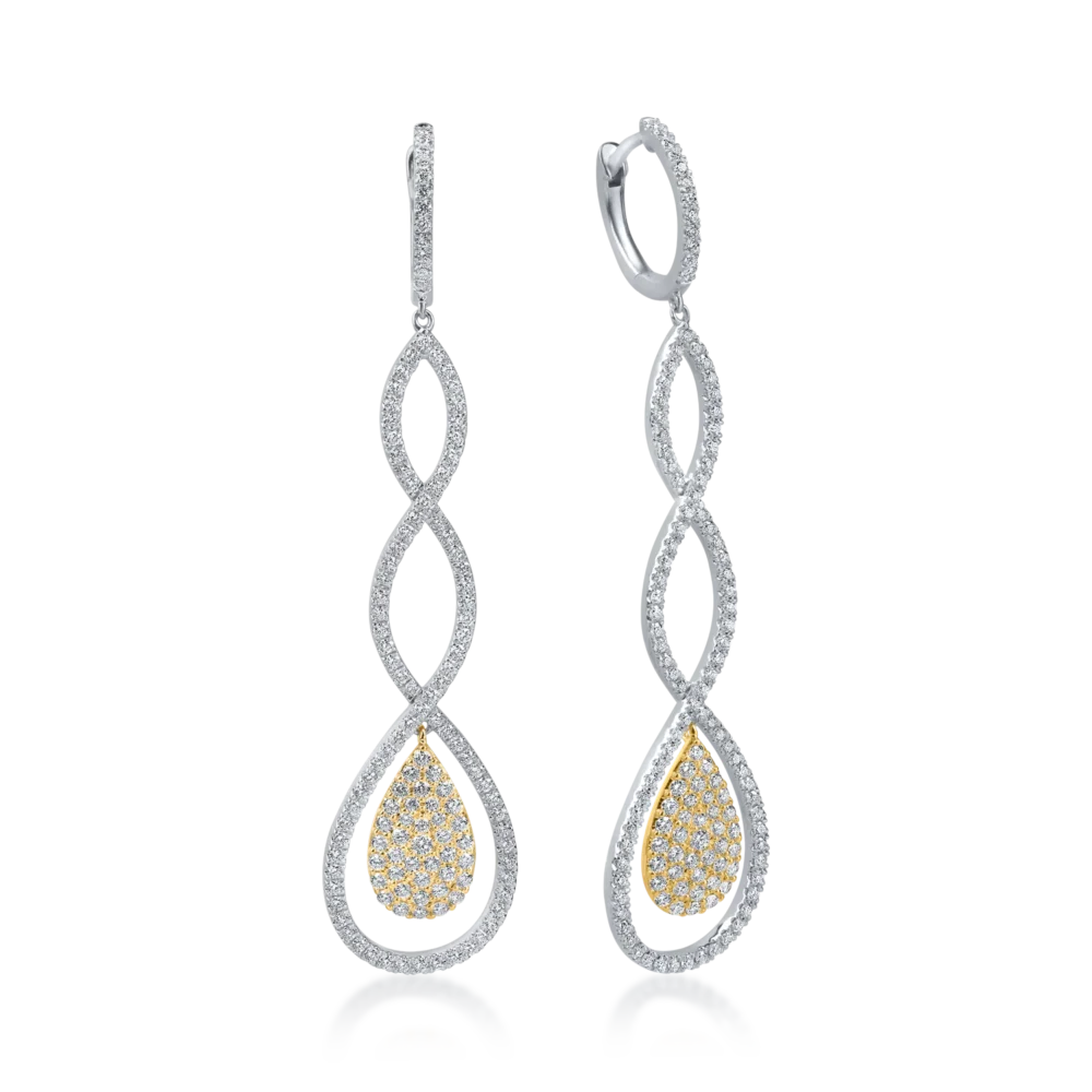 Cercei lungi din aur alb-galben cu diamante baguette de 1.5ct