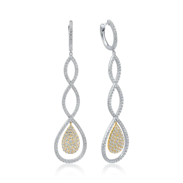 Cercei lungi din aur alb-galben cu diamante baguette de 1.5ct