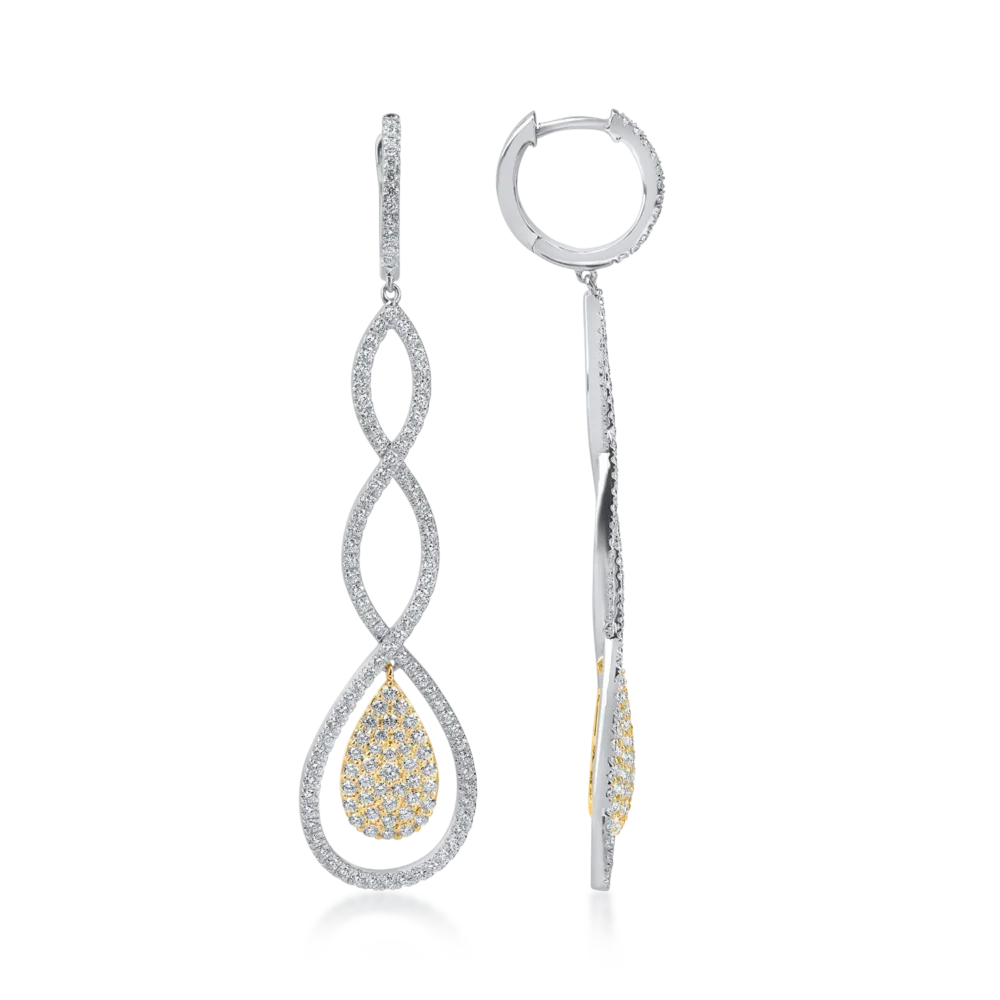 Cercei lungi din aur alb-galben cu diamante baguette de 1.5ct - imagine 3