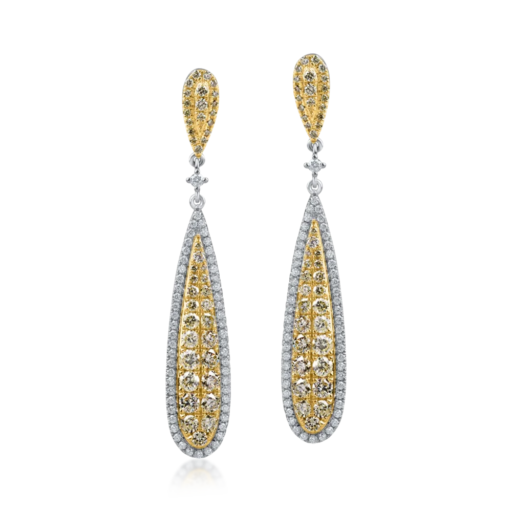 Cercei lungi din aur alb-galben cu diamante galbene si incolore de 1.8ct - imagine 2