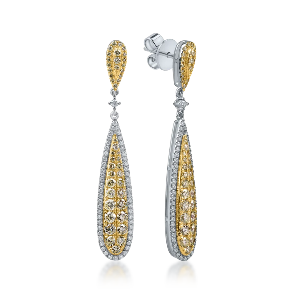 Cercei lungi din aur alb-galben cu diamante galbene si incolore de 1.8ct
