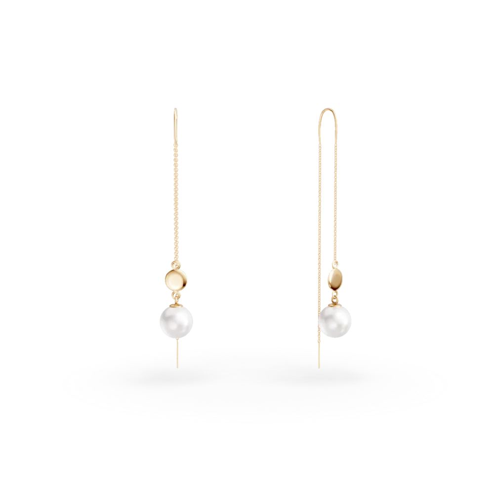 Cercei lungi din aur galben cu perle de cultura de 0.9ct