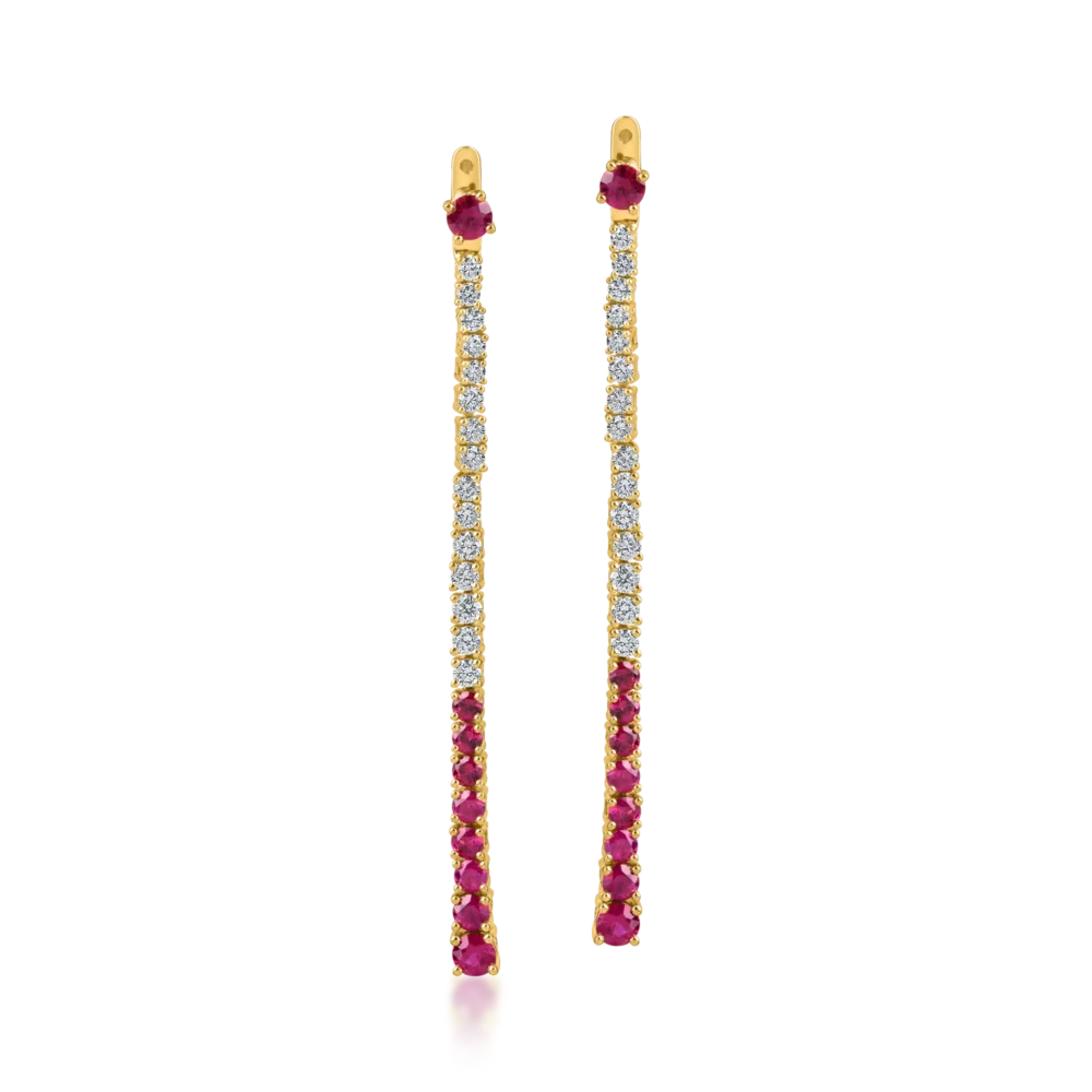 Cercei lungi din aur galben cu rubine si diamante 2.2ct - imagine 2
