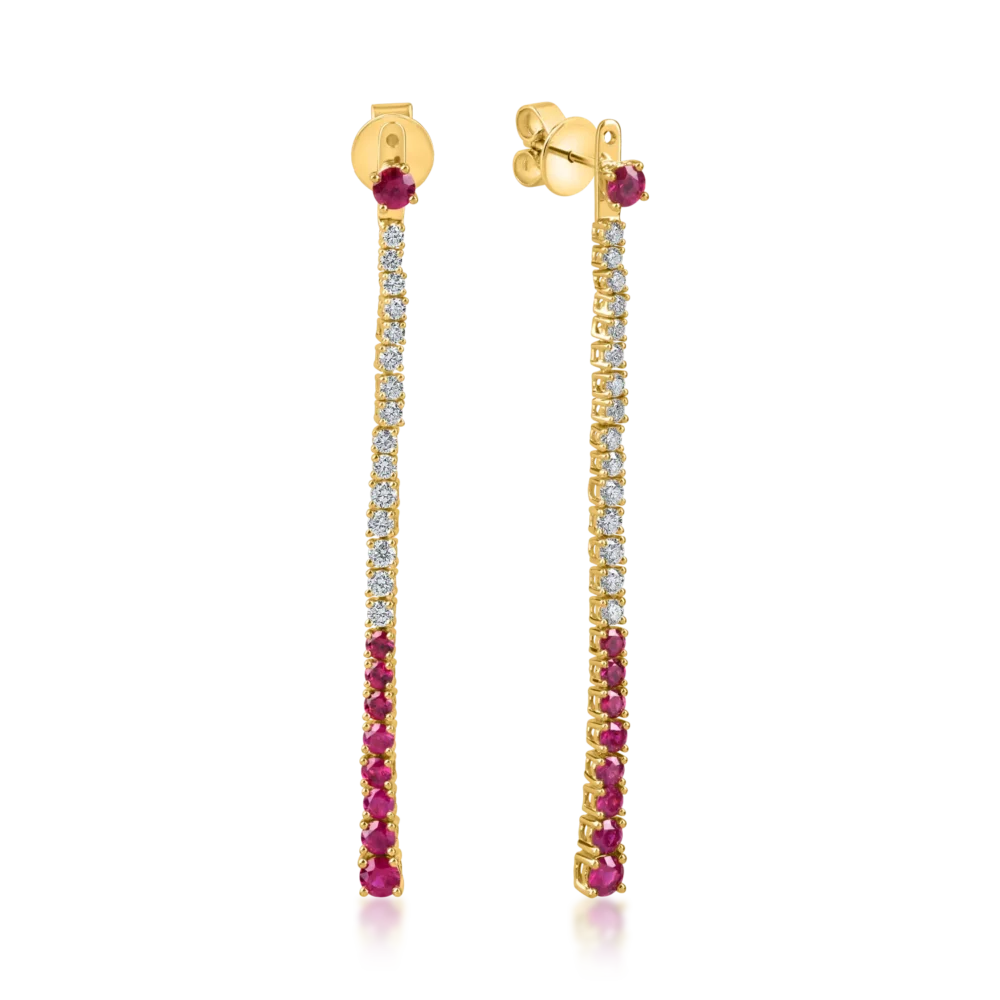 Cercei lungi din aur galben cu rubine si diamante 2.2ct