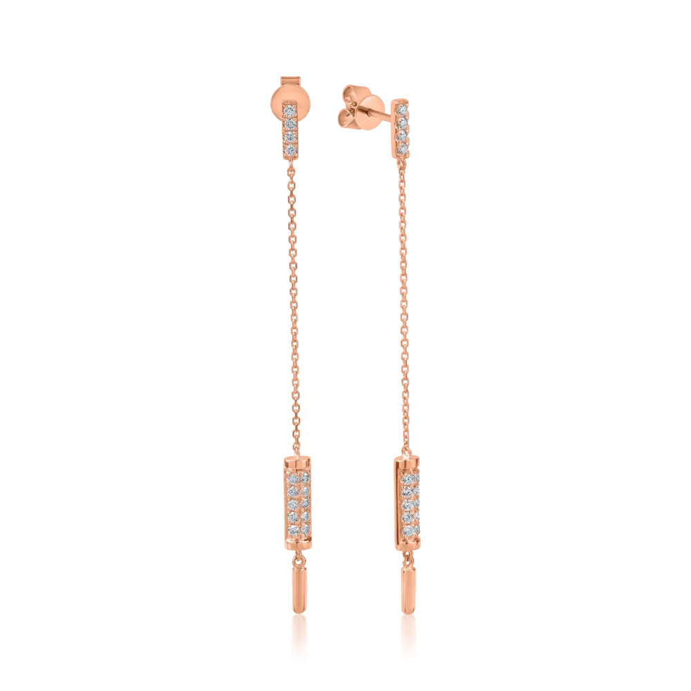 Cercei lungi din aur roz cu diamante de 0.2ct