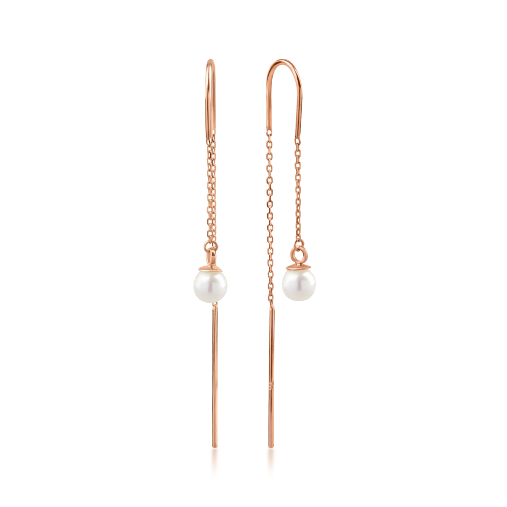 Cercei lungi din aur roz cu perle sintetice