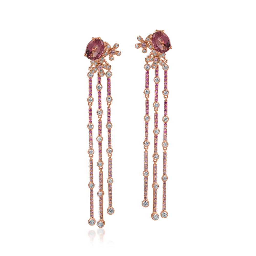 Cercei lungi din aur roz cu pietre pretioase si semipretioase de 5.2ct - imagine 2