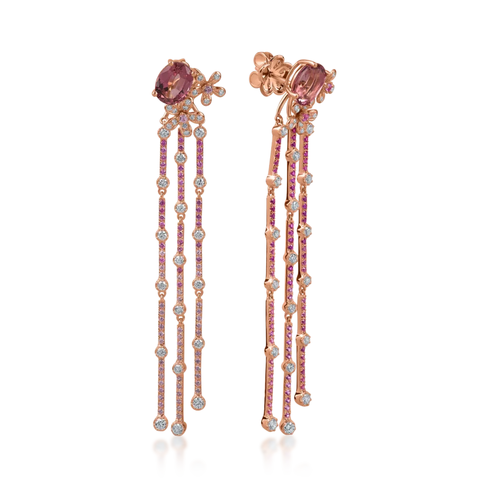Cercei lungi din aur roz cu pietre pretioase si semipretioase de 5.2ct