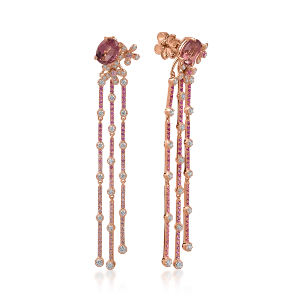 Cercei lungi din aur roz cu pietre pretioase si semipretioase de 5.2ct