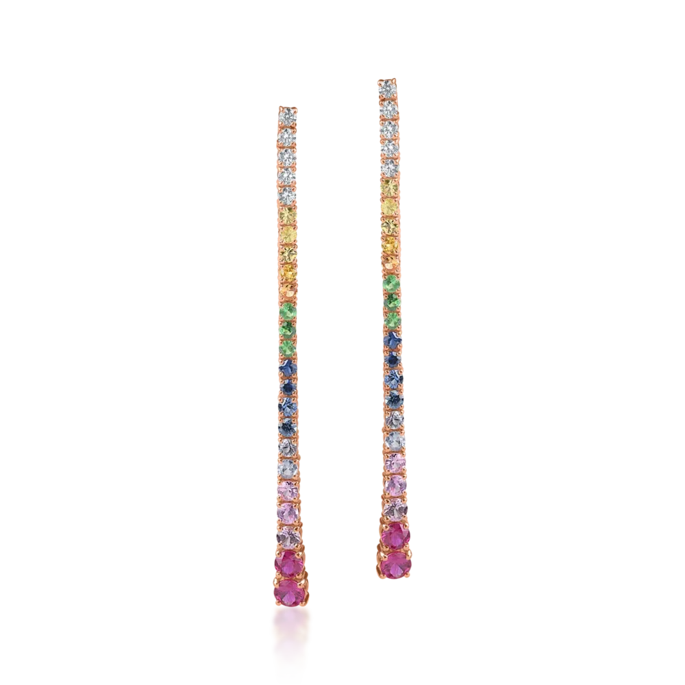 Cercei lungi din aur roz cu safire multicolore de 3ct si diamante de 0.3ct - imagine 2