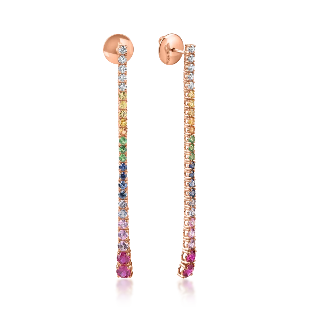 Cercei lungi din aur roz cu safire multicolore de 3ct si diamante de 0.3ct