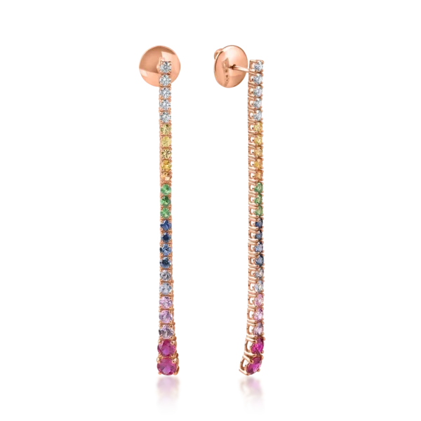 Cercei lungi din aur roz cu safire multicolore de 3ct si diamante de 0.3ct