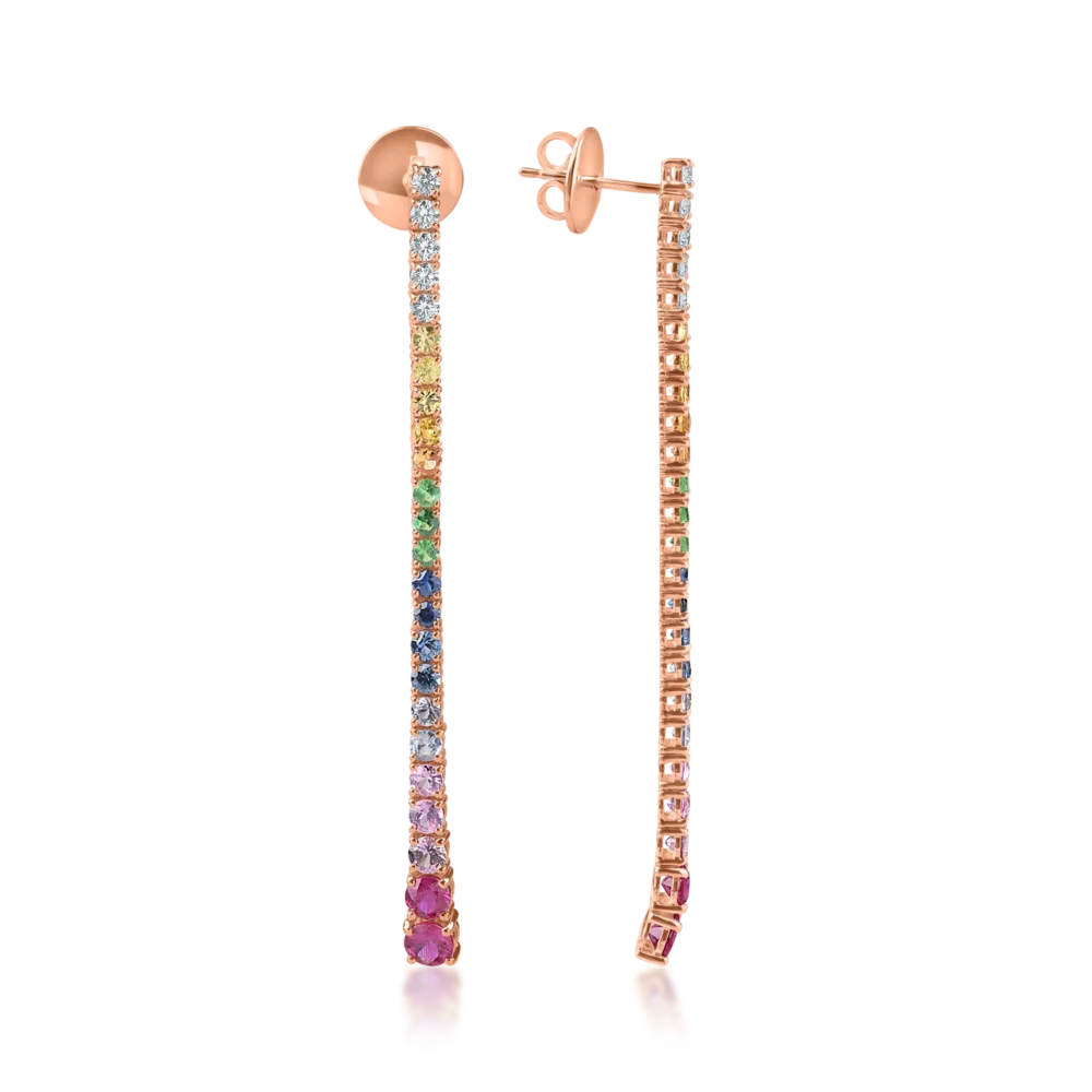 Cercei lungi din aur roz cu safire multicolore de 3ct si diamante de 0.3ct - imagine 3