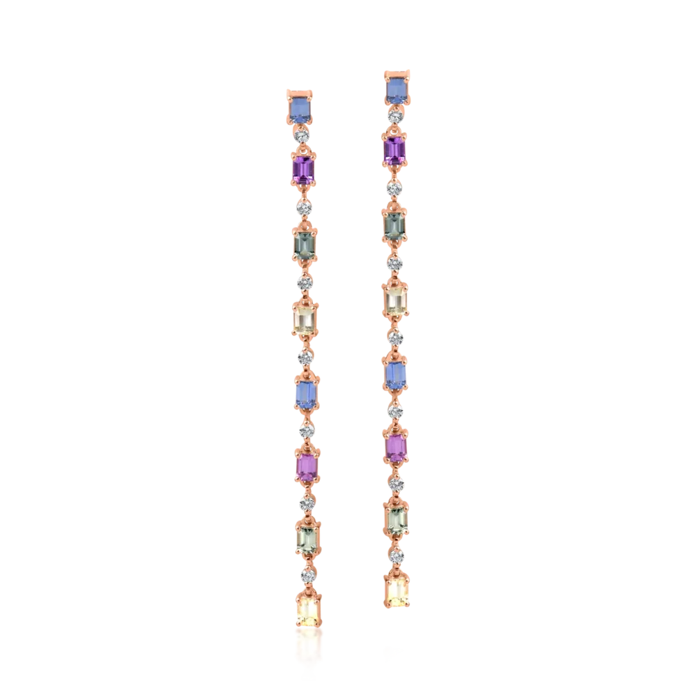 Cercei lungi din aur roz cu safire multicolore octogonale de 4.2ct si diamante de 0.5ct - imagine 2