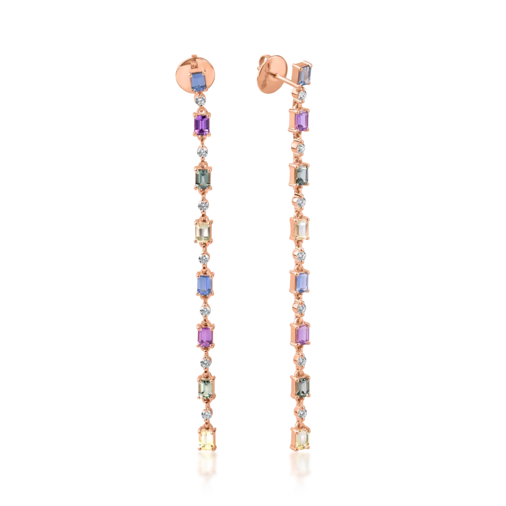 Cercei lungi din aur roz cu safire multicolore octogonale de 4.2ct si diamante de 0.5ct