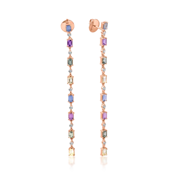 Cercei lungi din aur roz cu safire multicolore octogonale de 4.2ct si diamante de 0.5ct