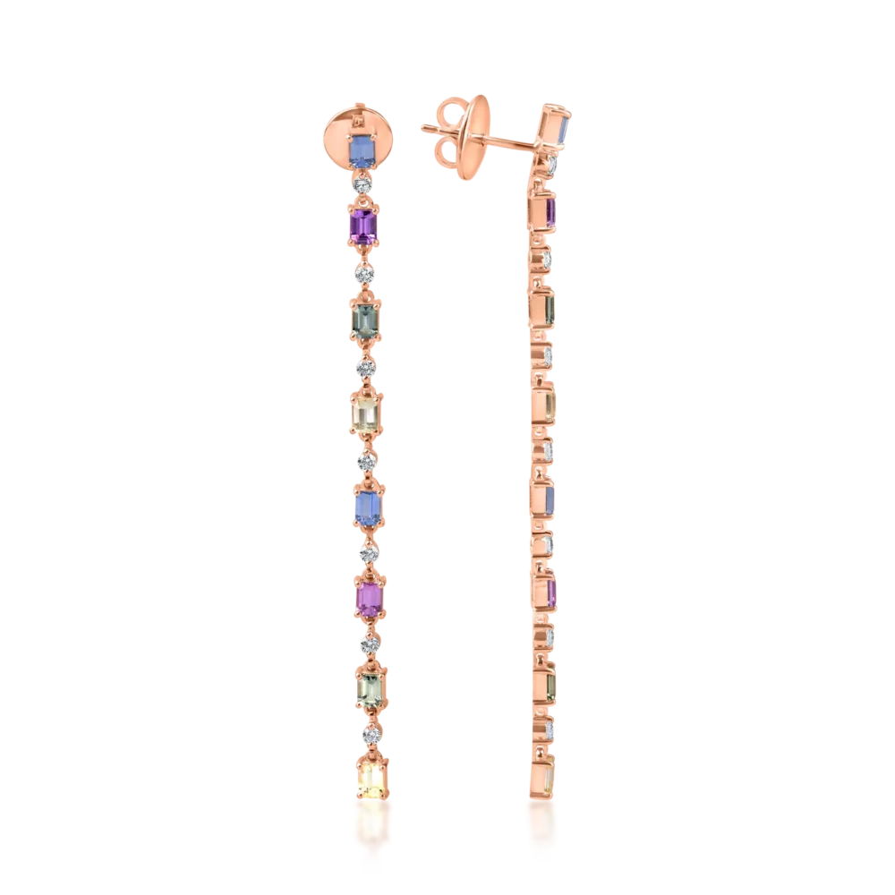 Cercei lungi din aur roz cu safire multicolore octogonale de 4.2ct si diamante de 0.5ct - imagine 3