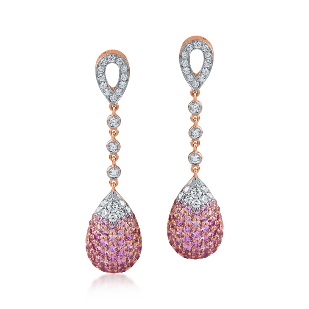 Cercei lungi din aur roz cu safire roz si diamante de 2.4ct - imagine 2