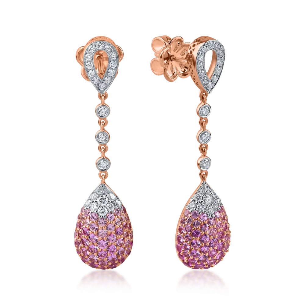 Cercei lungi din aur roz cu safire roz si diamante de 2.4ct