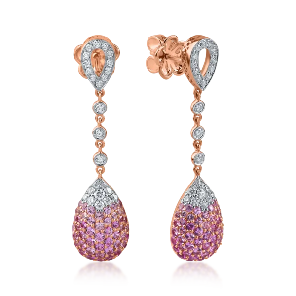 Cercei lungi din aur roz cu safire roz si diamante de 2.4ct